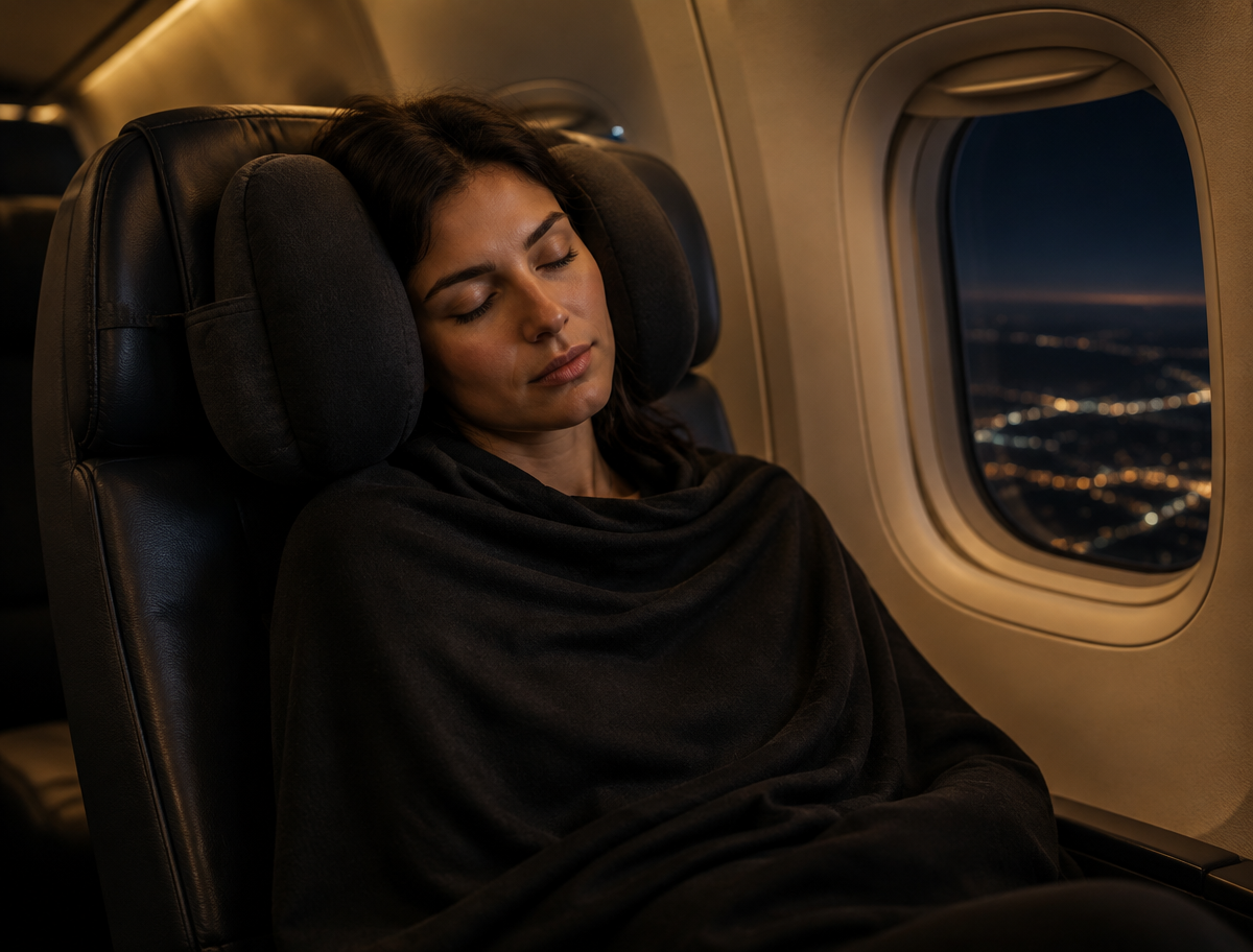 Traveler sleeping in a night cabin seat supported by the head cradle and body wrap