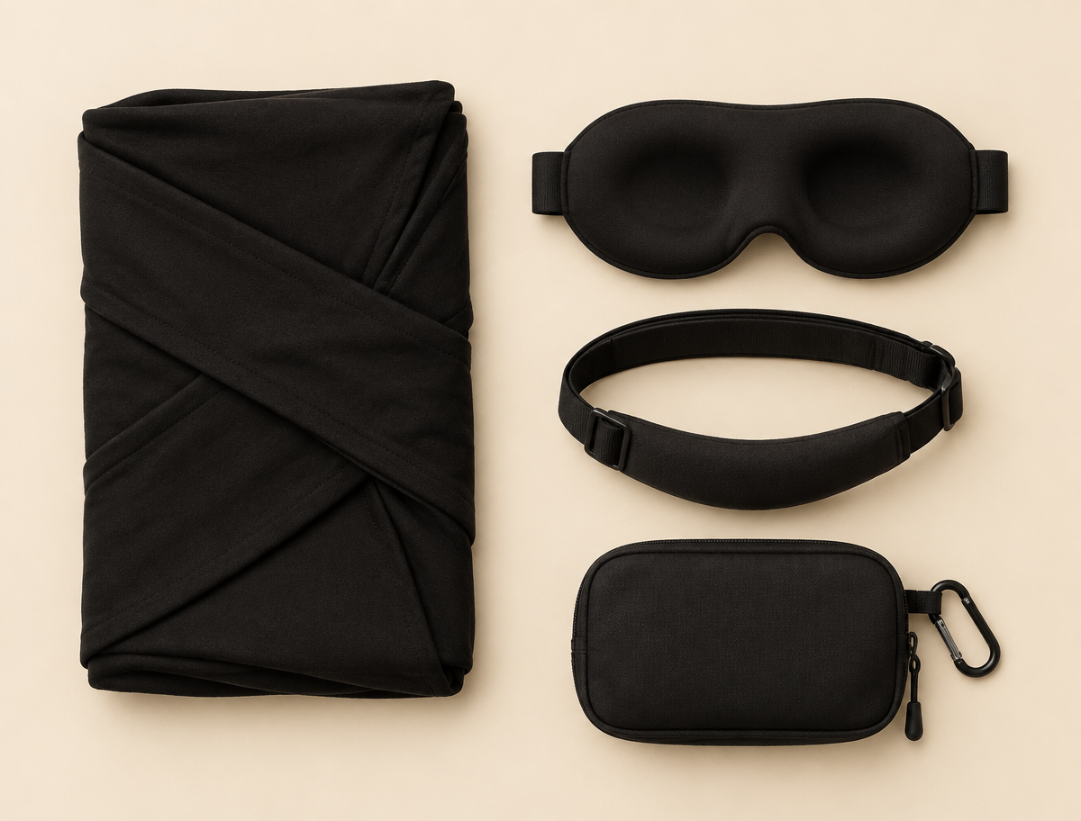 Everything in the box: body wrap, blackout eye mask, headrest strap and zip travel pouch